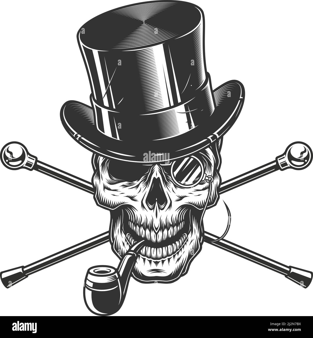 Vintage gentleman skull smoking pipe with cylinder hat rimless eyeglasses and crossed walking canes isolated vector illustration Stock Vector