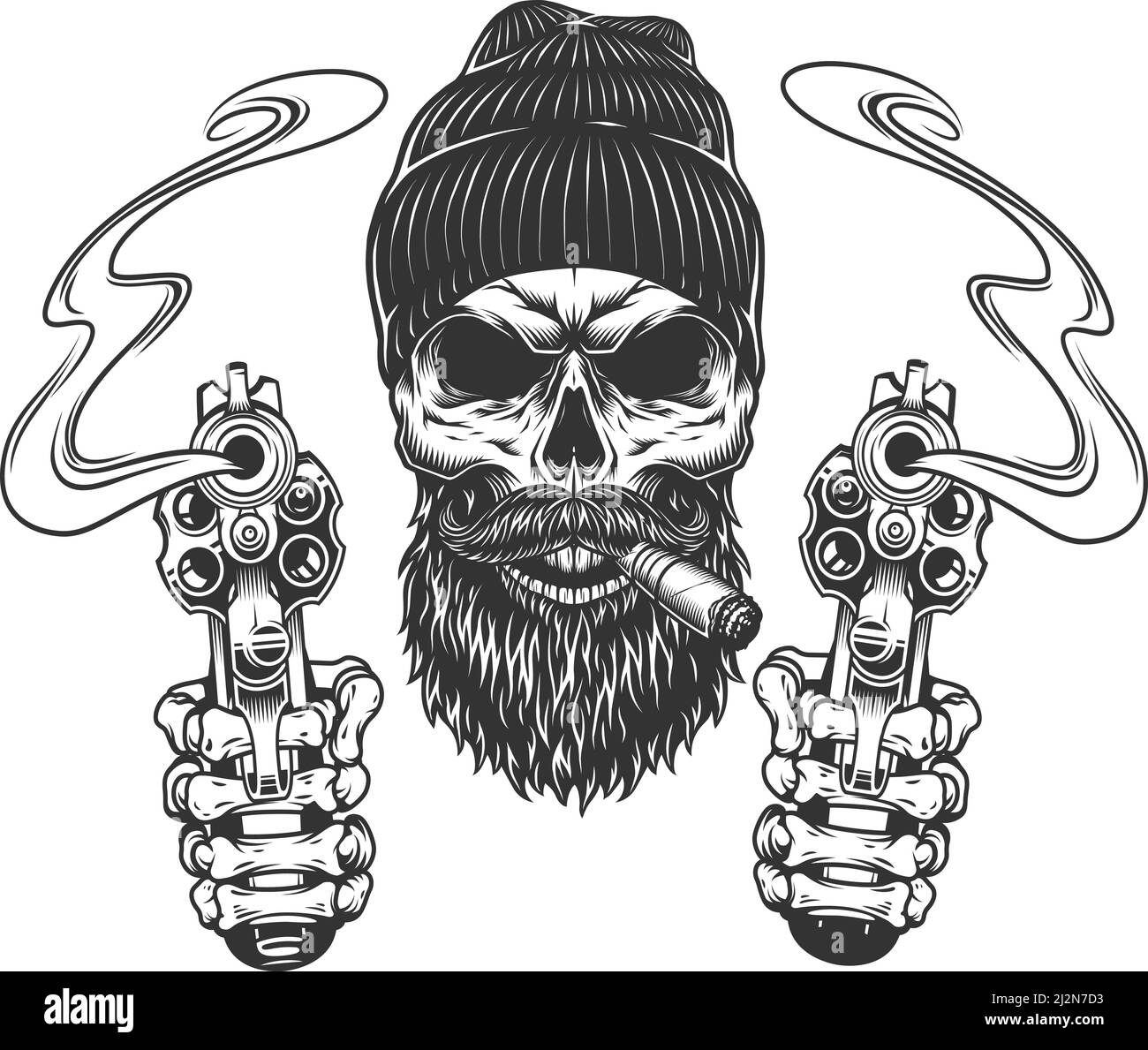 Bearded and mustached gangster skull in beanie hat smoking cigar and