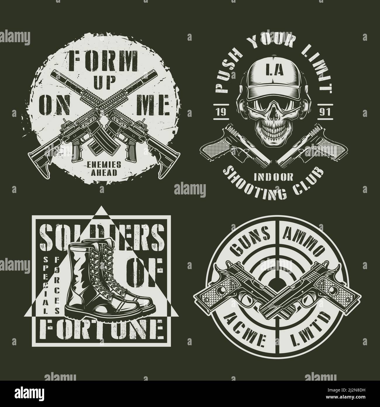 Monochrome army and military emblems with crossed handguns assault ...