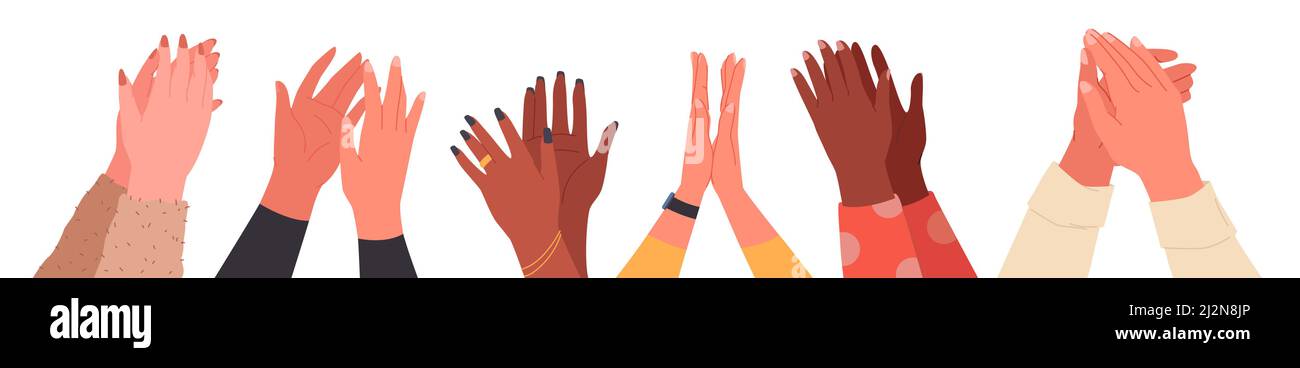 Human hands applauding set, crowd of people congratulate with clapping, applause of arms Stock Vector