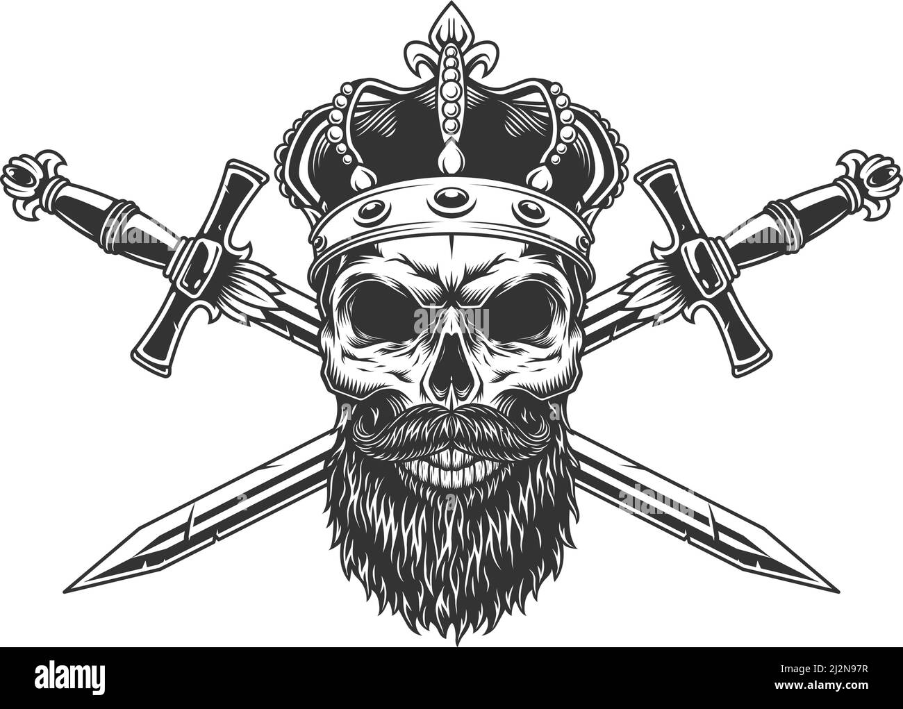 Bearded and mustached skull in crown with crossed swords in vintage ...