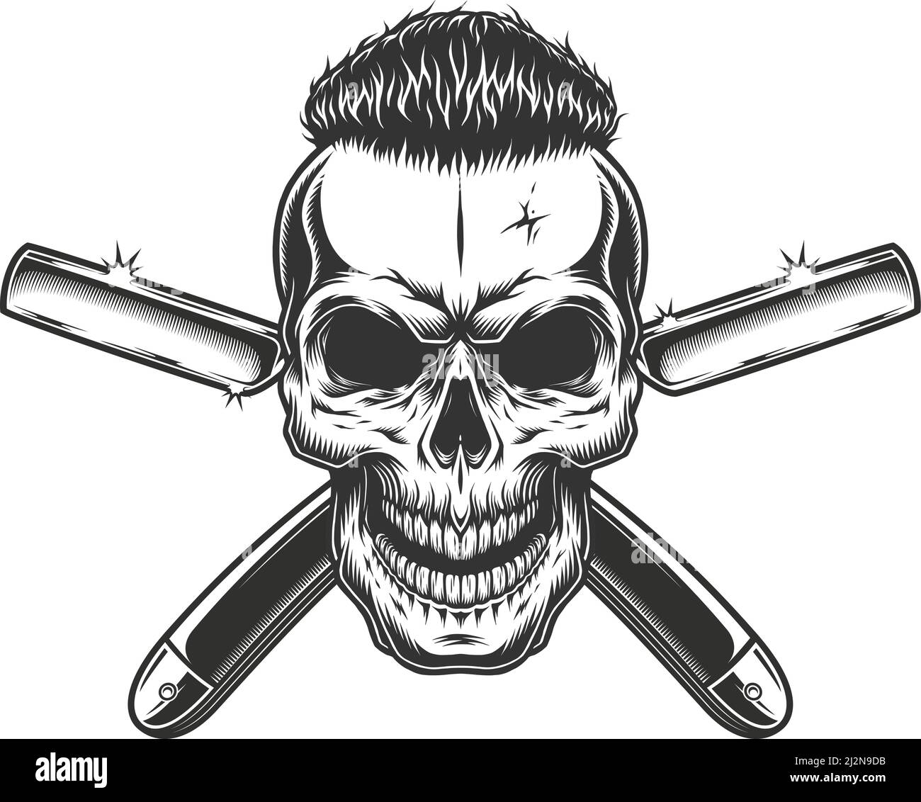 Barber's skull, scissors and razor. Ink black and white drawing Stock Photo  - Alamy