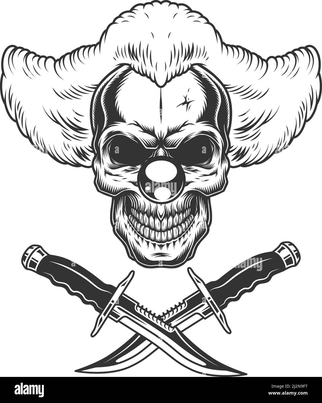 Vintage scary clown skull with crossed knives in monochrome style