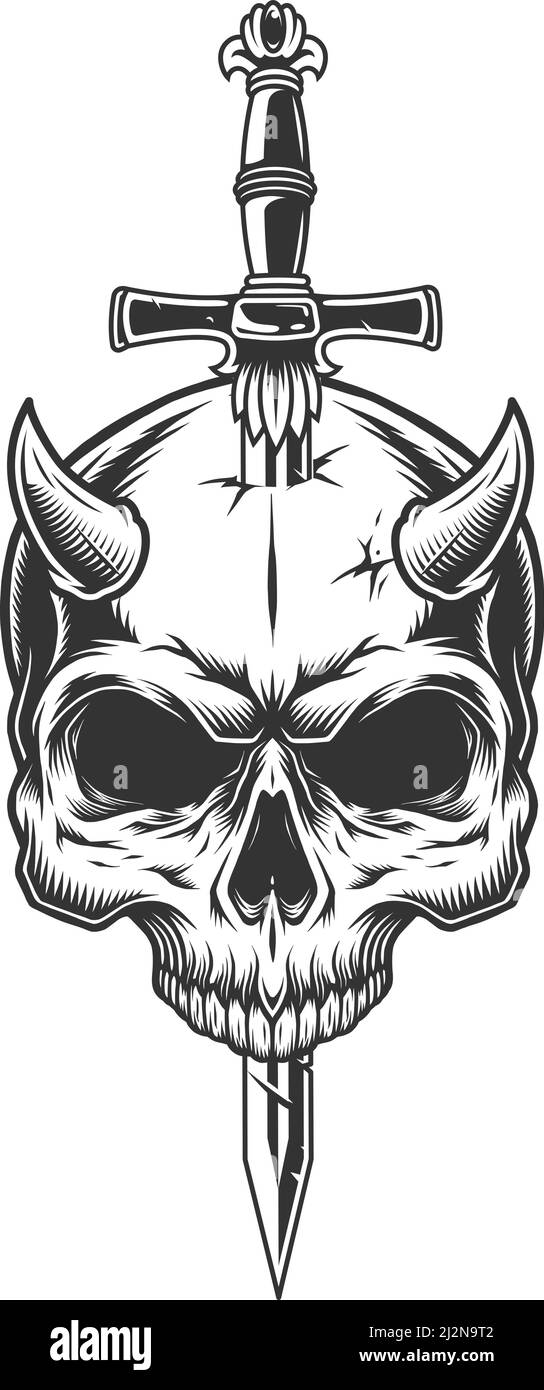 Demon skull pierced with knife in vintage monochrome style isolated ...