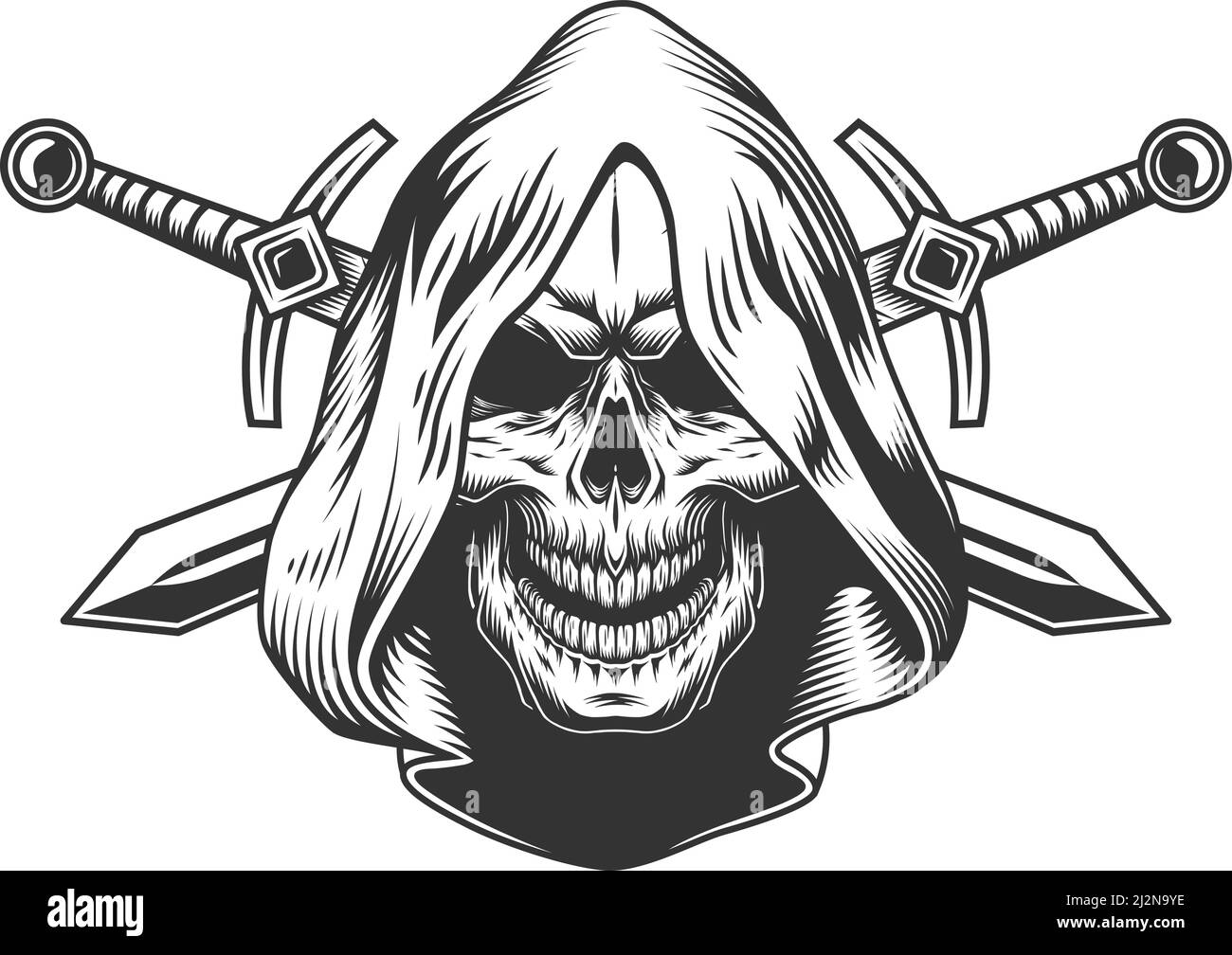 Vintage monochrome skull in hood with crossed swords isolated vector ...
