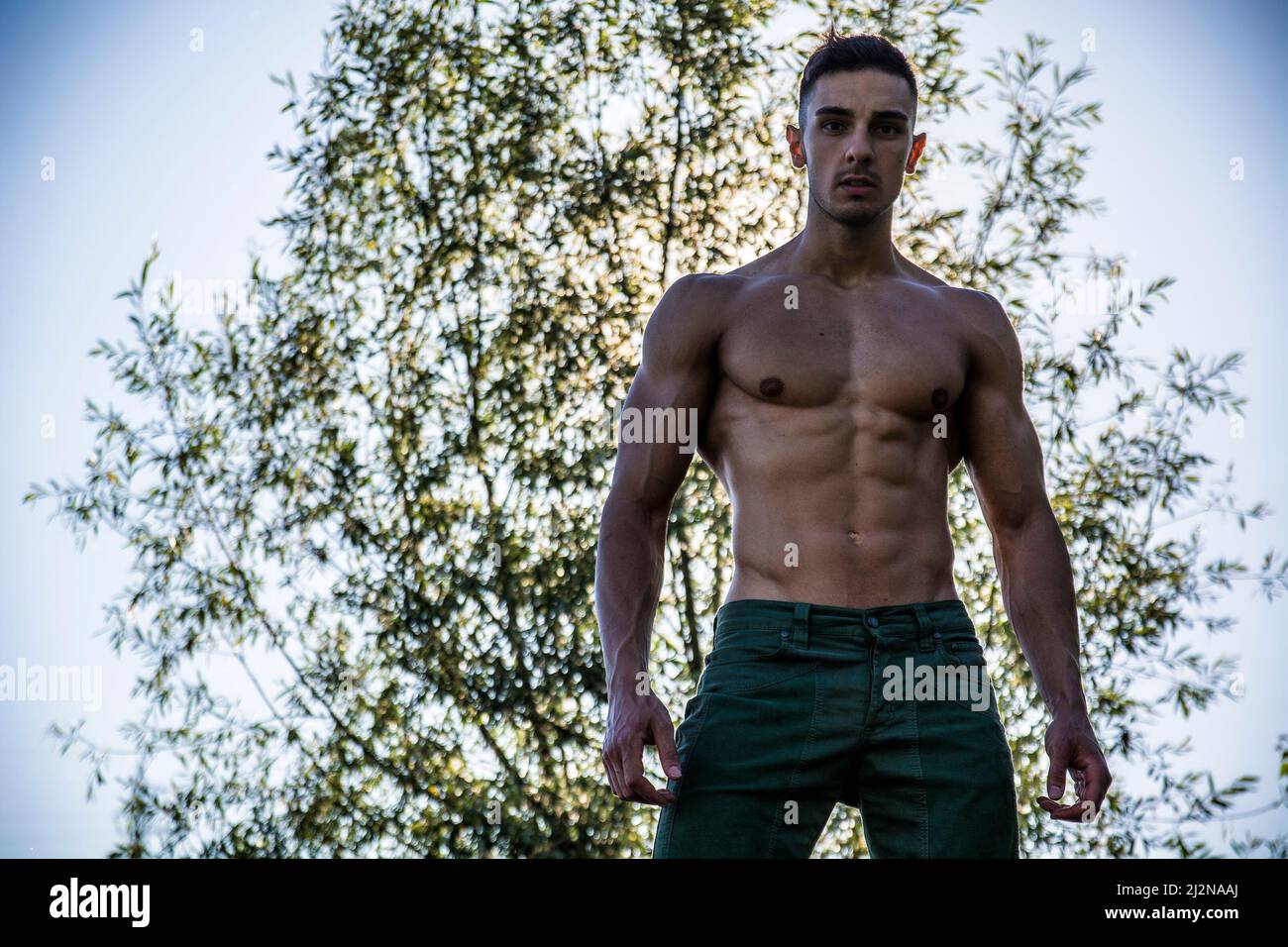 Handsome Muscular Shirtless Hunk Man Outdoor in Country Stock Photo