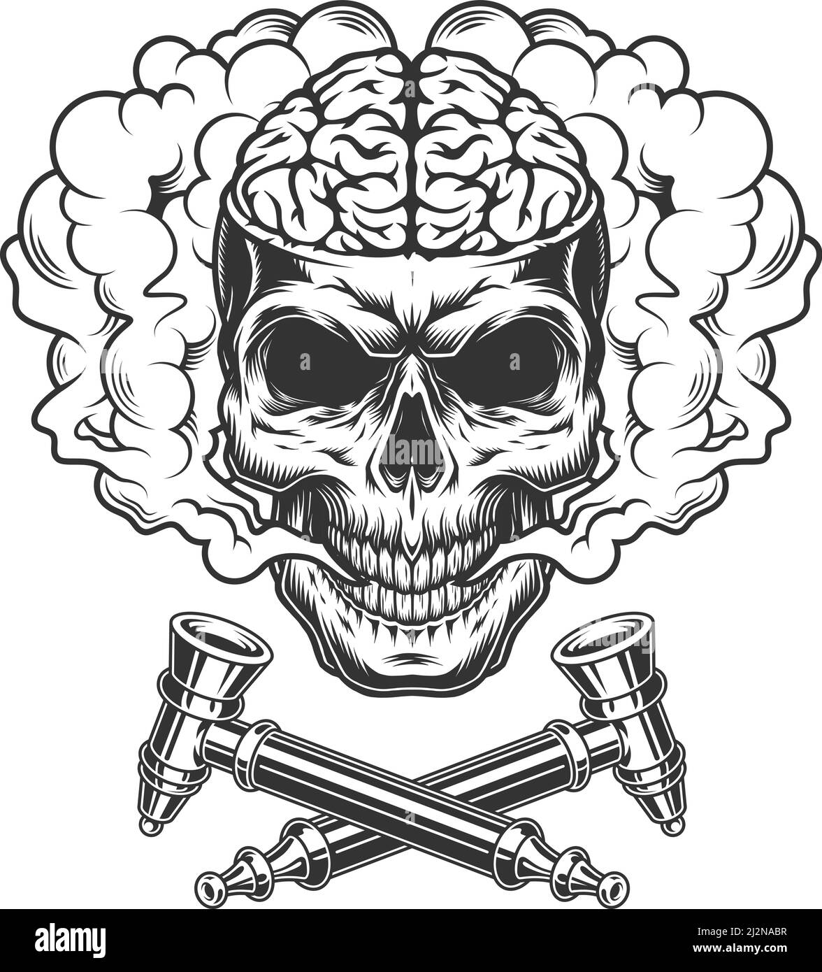 Vintage skull with human brain in smoke cloud with crossed smoking