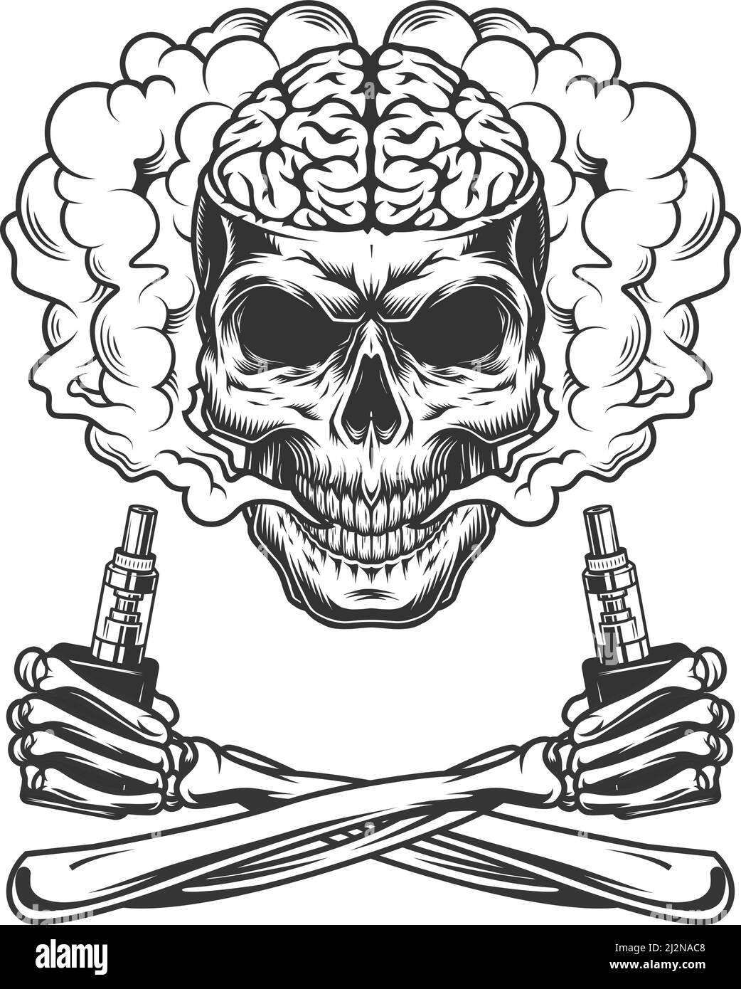 Vintage skull with human brain in smoke cloud and skeleton hands holding electronic cigarettes isolated vector illustration Stock Vector