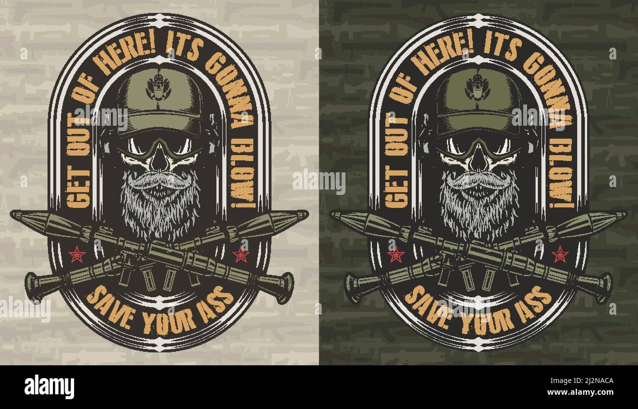 Vintage colorful military and army label with soldier skull in green ...