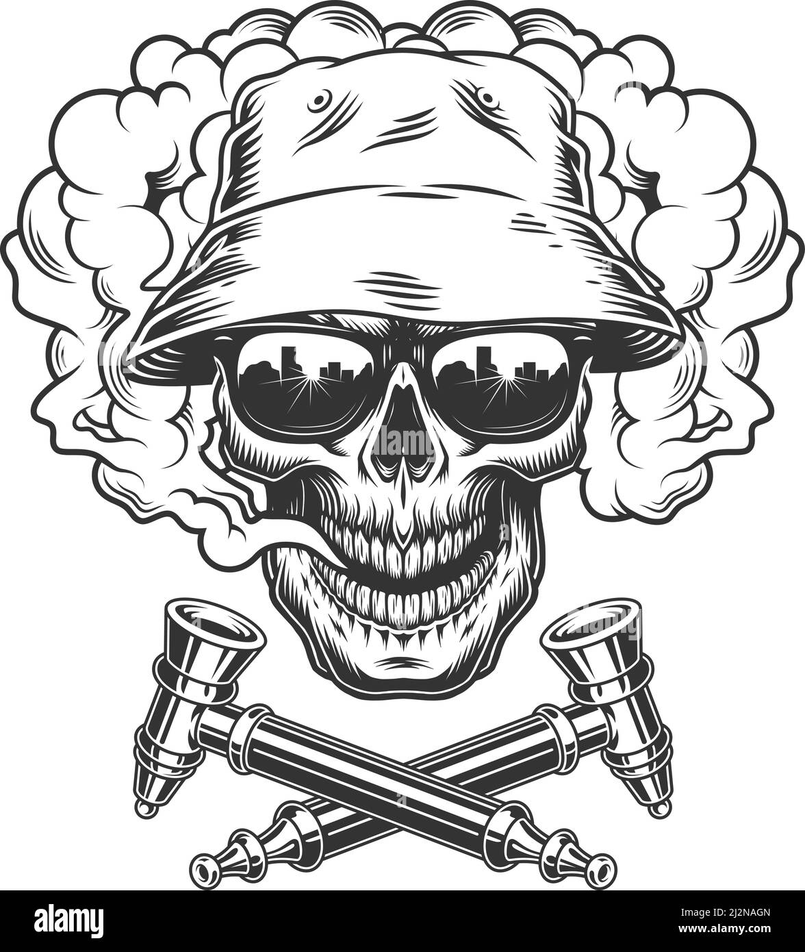Skull wearing panama hat and sunglasses in smoke cloud with crossed ...