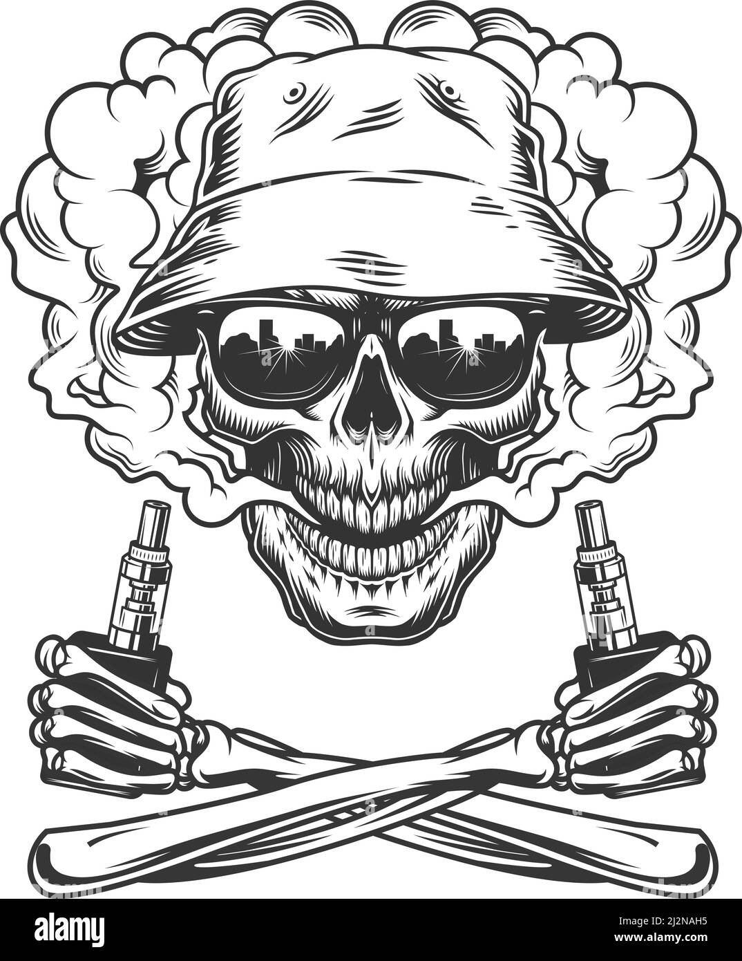 Vintage monochrome vaping concept with skull wearing panama hat in smoke cloud and crossed skeleton hands holding electronic cigarettes isolated vecto Stock Vector