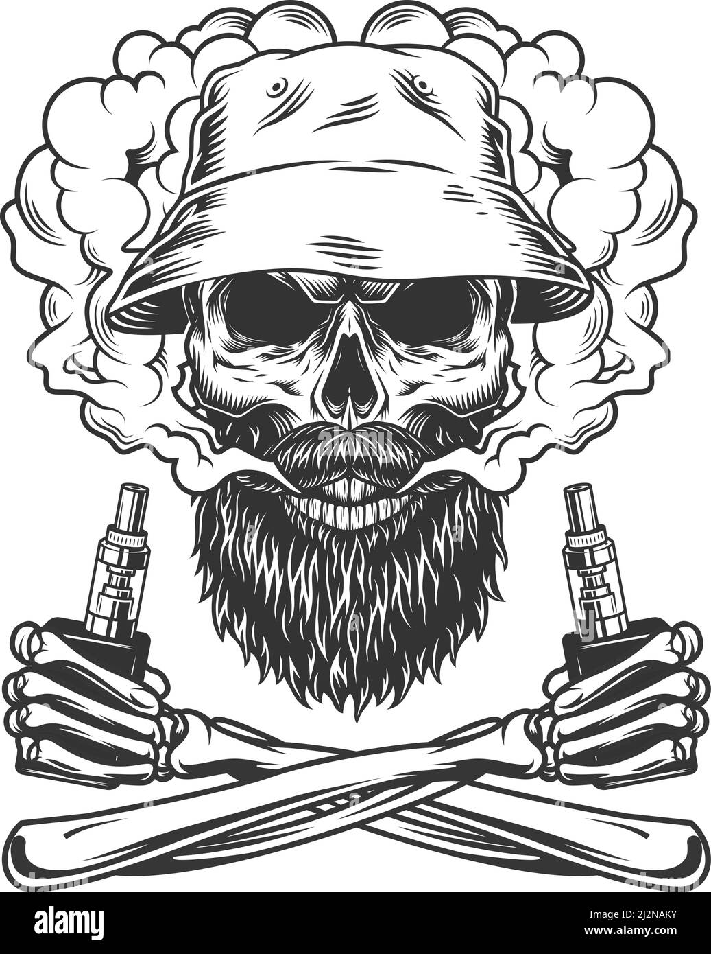 Bearded and mustached skull wearing panama hat in smoke cloud with crossed skeleton hands holding vaporizers in vintage style isolated vector illustra Stock Vector