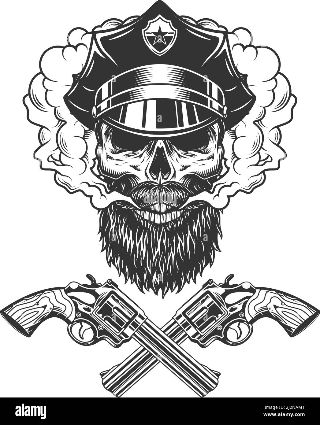 Bearded and mustached policeman skull in smoke cloud with crossed ...