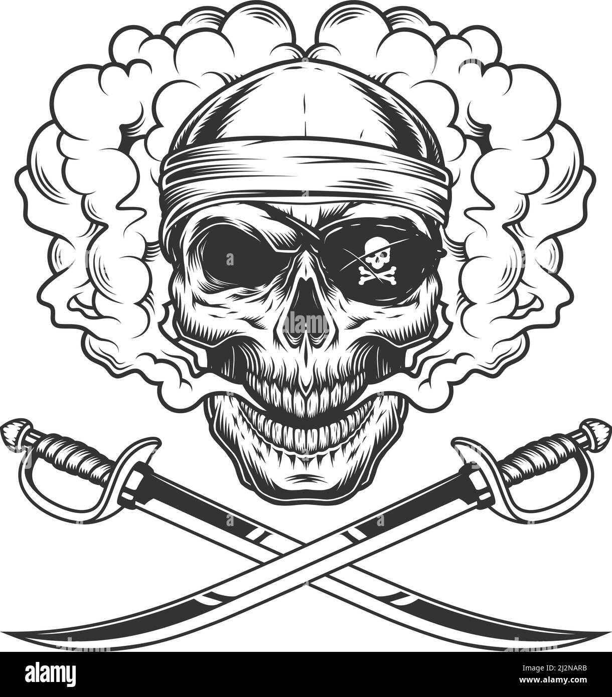 Pirate skull wearing bandana and eye patch in smoke cloud with crossed ...