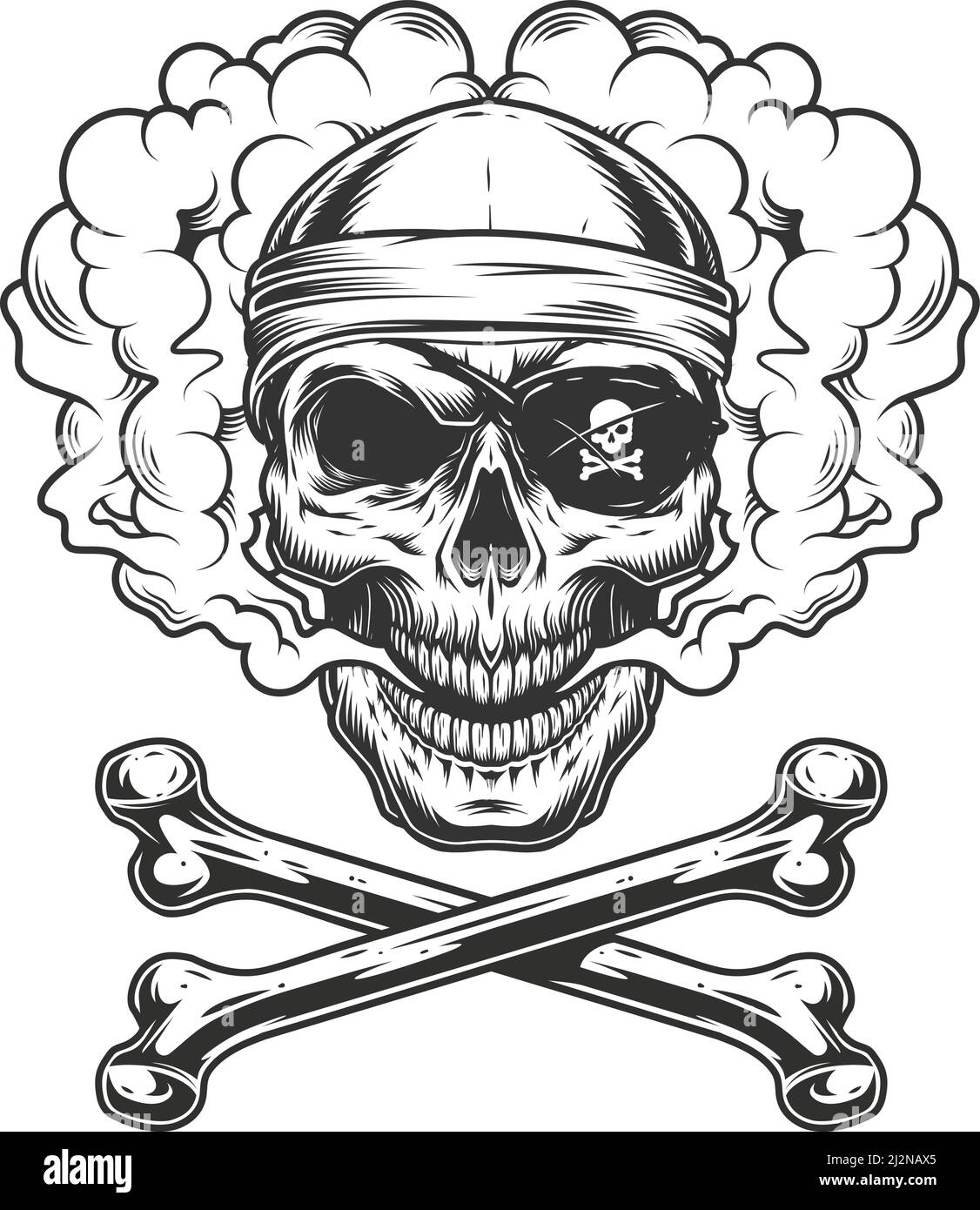 Vintage monochrome pirate skull in eye patch and bandana with ...