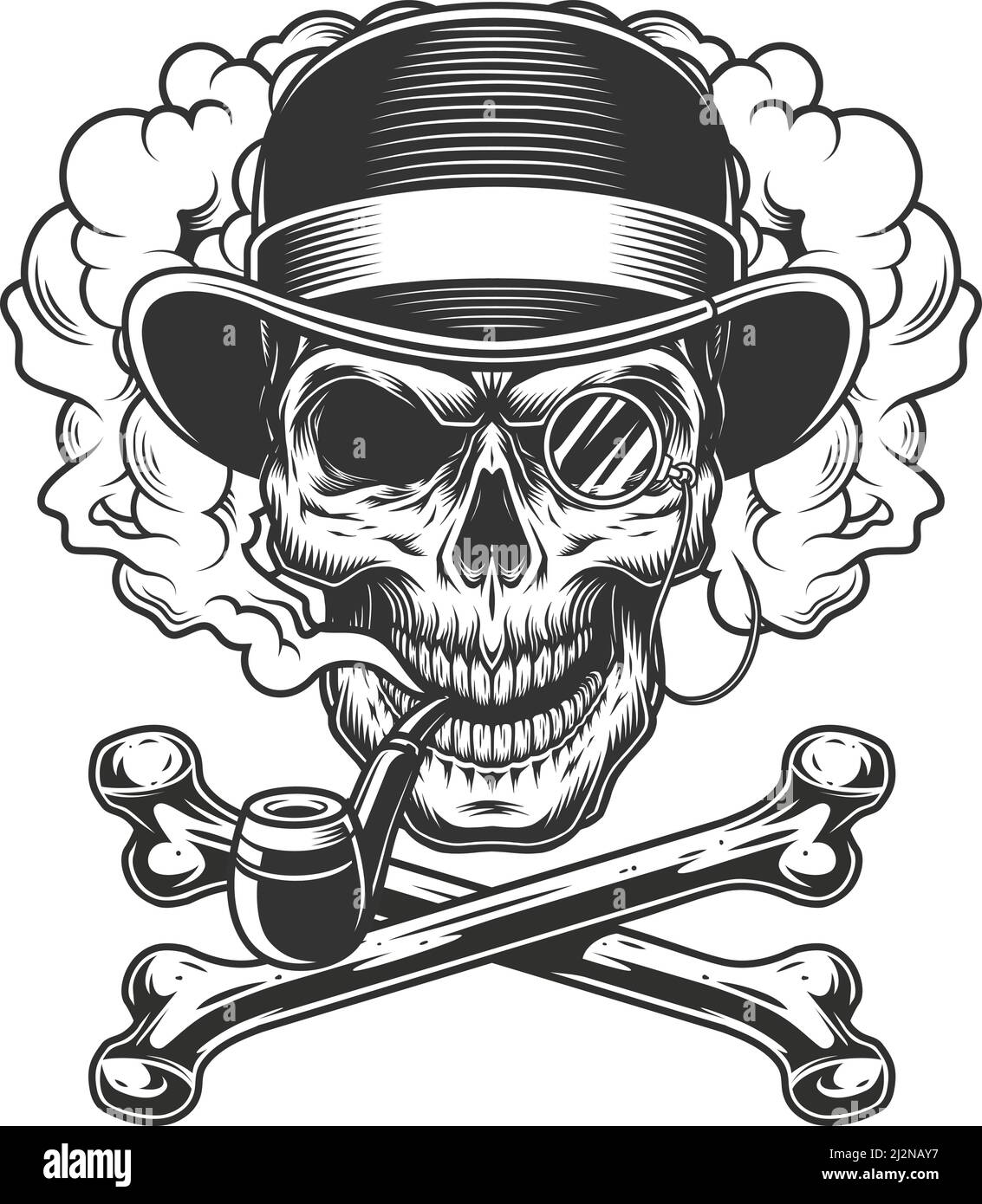 Vintage monochrome skull in fedora hat with rimless eyeglass and crossbones in smoke cloud isolated vector illustration Stock Vector