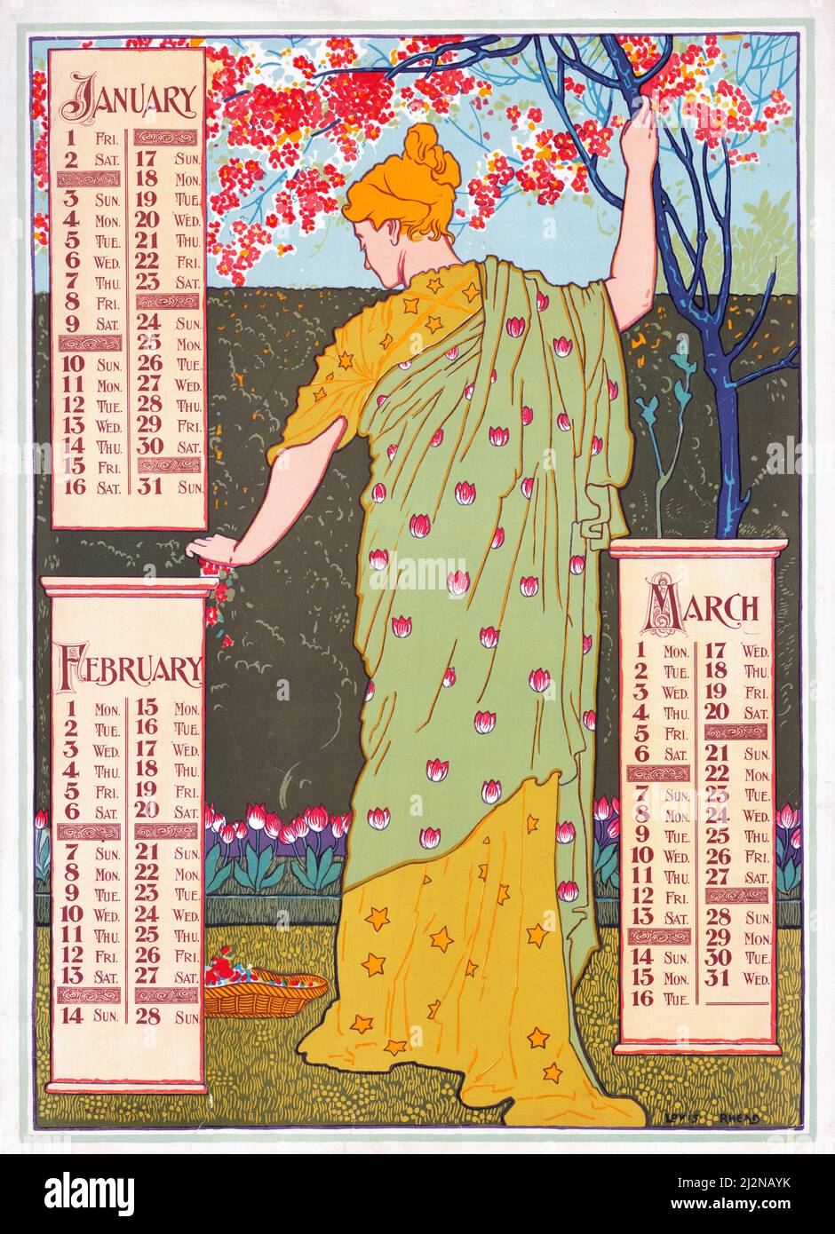 Louis Rhead artwork - Art Nouveau poster - Poster calendar for 1897. January, February, March (1896). Stock Photo