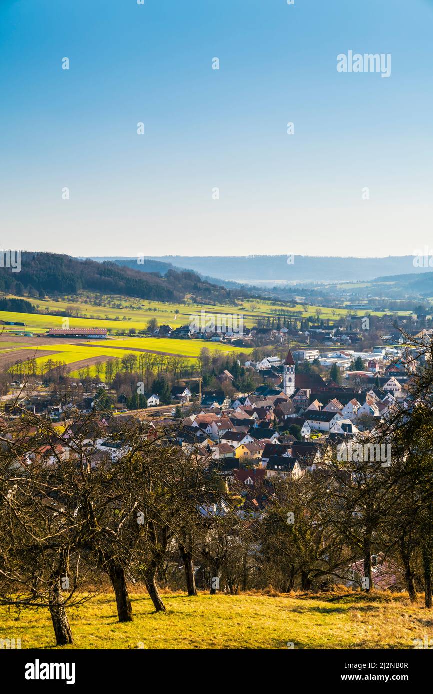 Germany, Idyllic city rudersberg in wieslauftal on sunny day from above the houses of the city Stock Photo