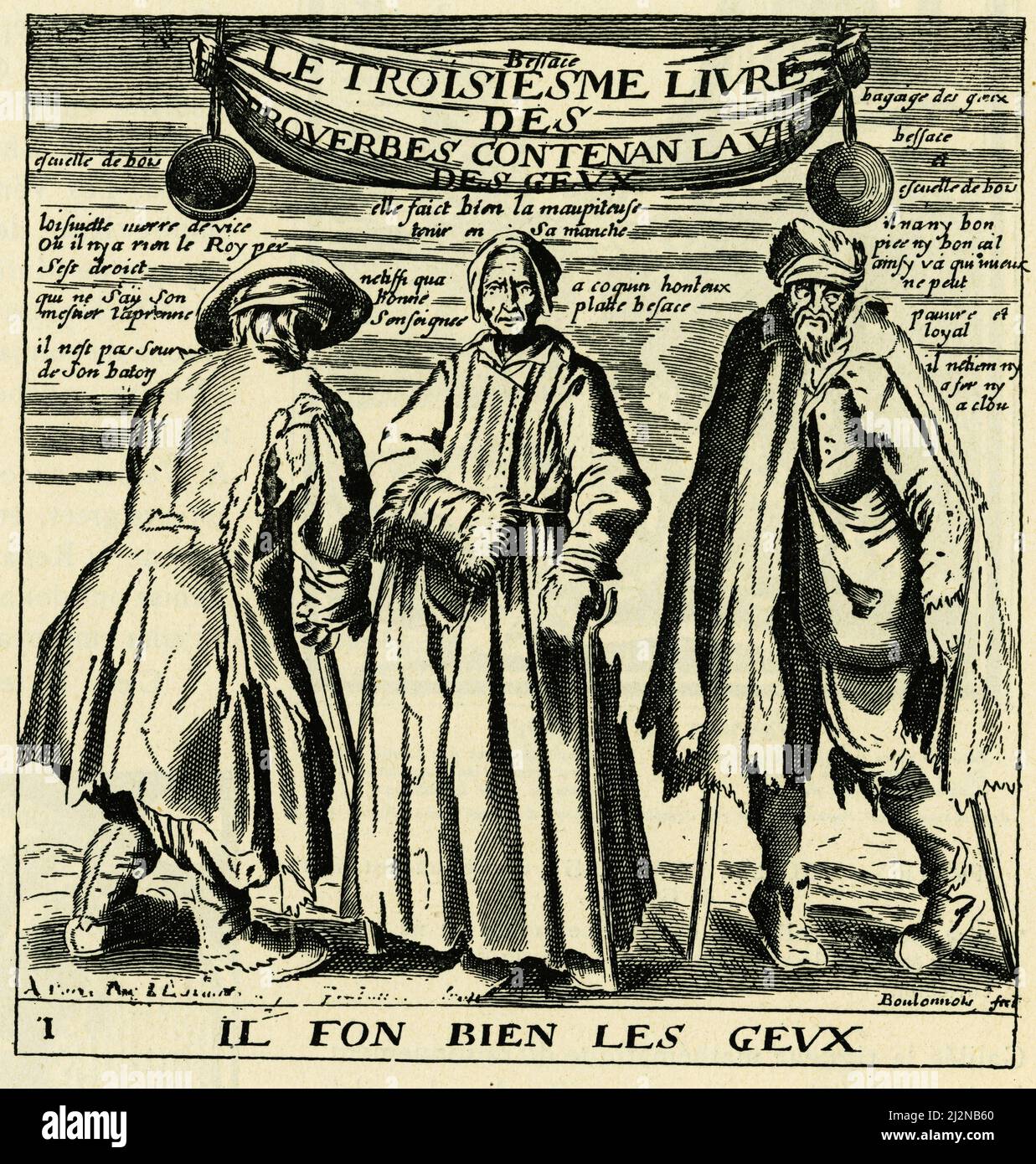 ILs font bien les gueux, frontispice du troisieme livre des proverbes de Jacques Lagniet ( XVIIe siecle ) contenant ' la vie des gueux'. Stock Photo