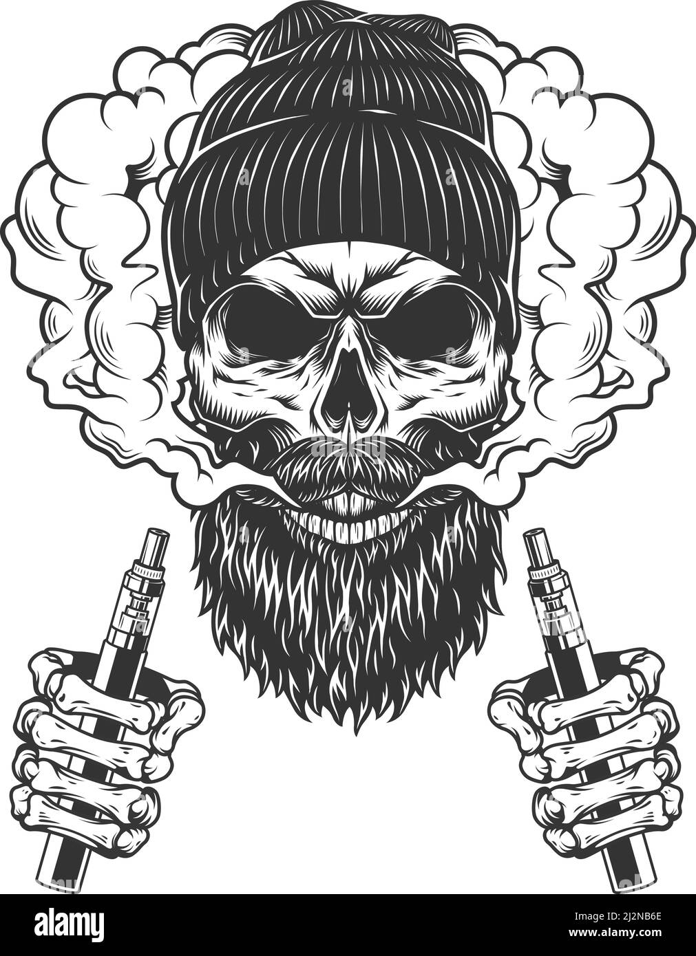 Skull wearing beanie hat in smoke cloud with skeleton hands holding electronic cigarettes in vintage monochrome style isolated vector illustration Stock Vector