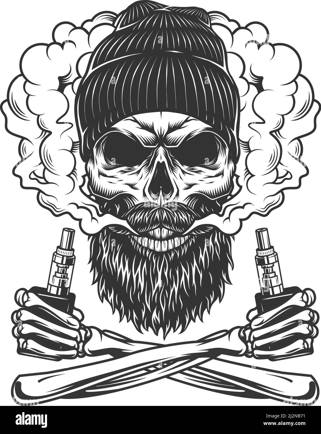 Vintage monochrome vaping concept with bearded and mustached hipster skull and crossed skeleton hands holding vaporizers isolated vector illustration Stock Vector