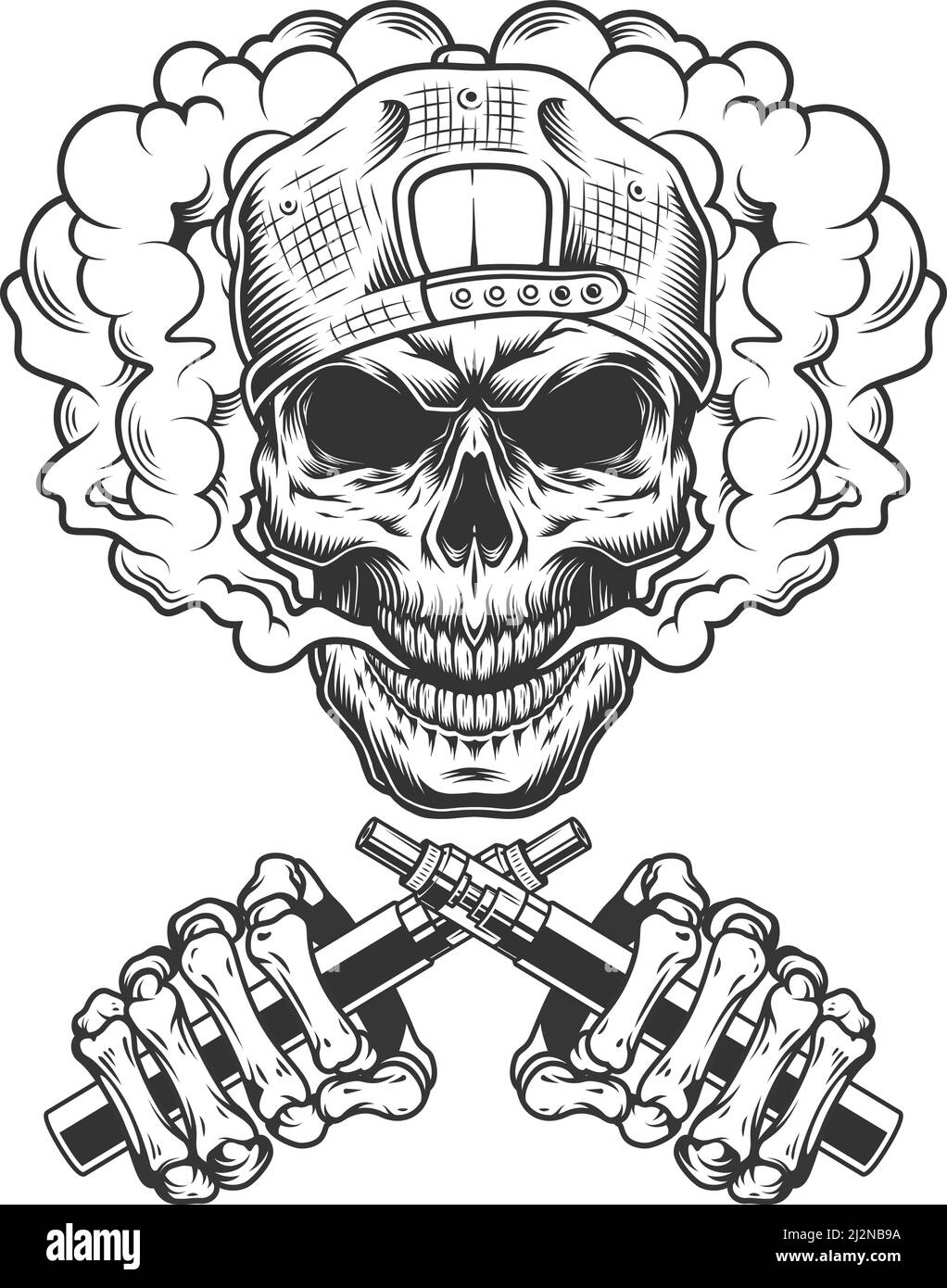 Vintage monochrome hipster skull in cap in smoke cloud and crossed skeleton hands holding electronic cigarettes isolated vector illustration Stock Vector