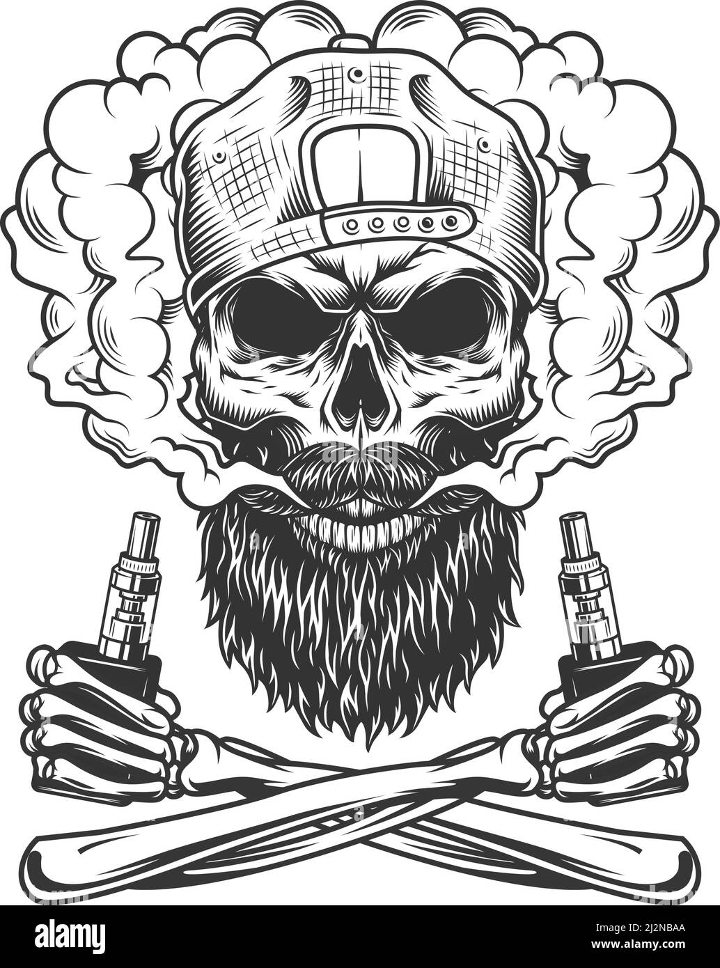 Bearded and mustached hipster skull wearing cap in smoke cloud and crossed skeleton hands holding vaporizers in vintage style isolated vector illustra Stock Vector