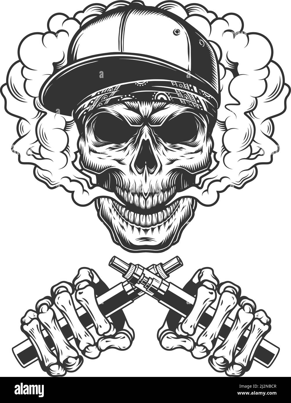 Vintage hipster skull in smoke cloud with crossed skeleton hands holding electronic cigarettes isolated vector illustration Stock Vector