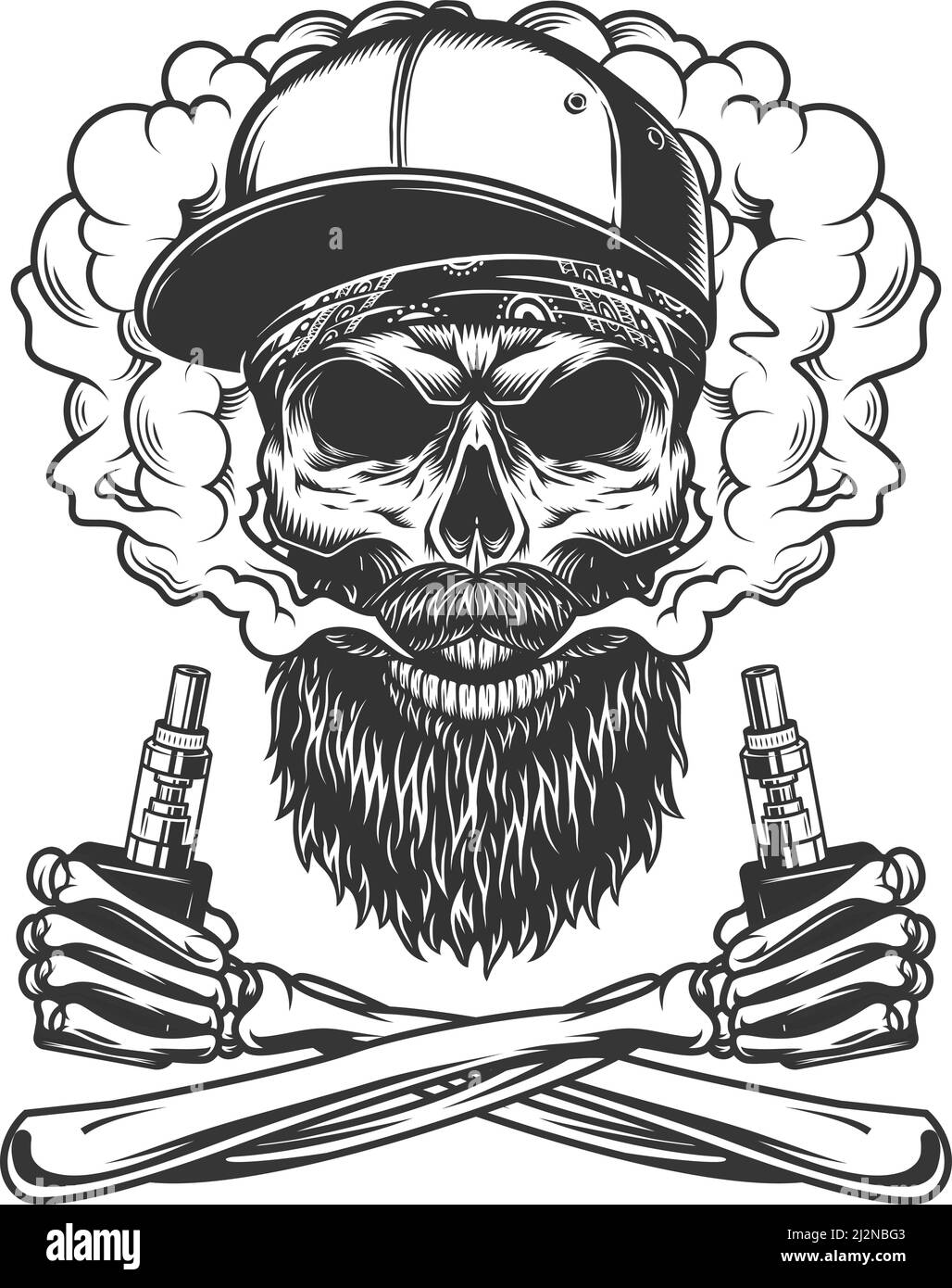 Bearded and mustached hipster skull wearing baseball cap in smoke cloud with crossed skeleton hands holding vaporizers in vintage style isolated vecto Stock Vector