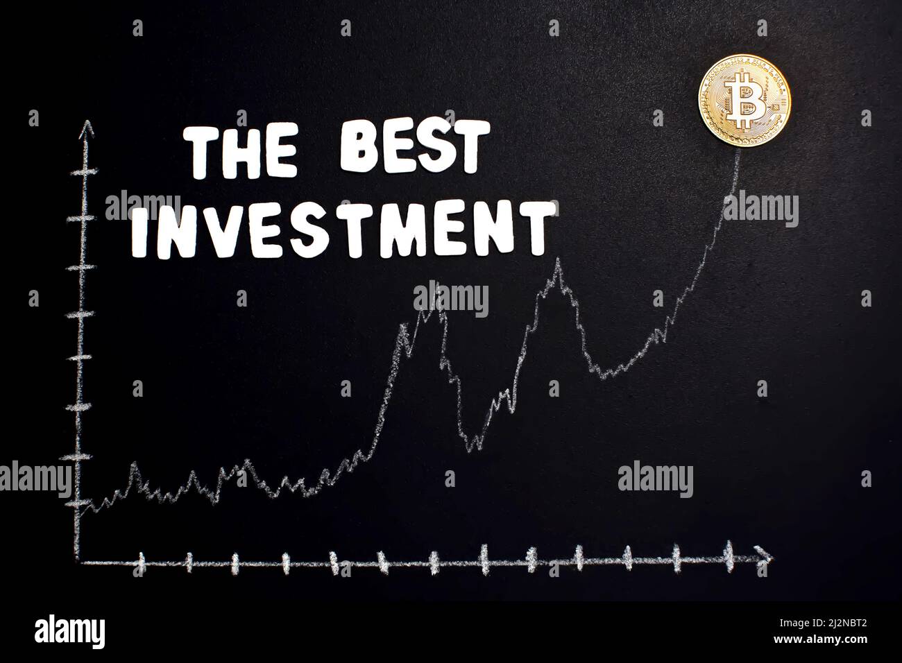 Bitcoin graphic with arrow up and text 