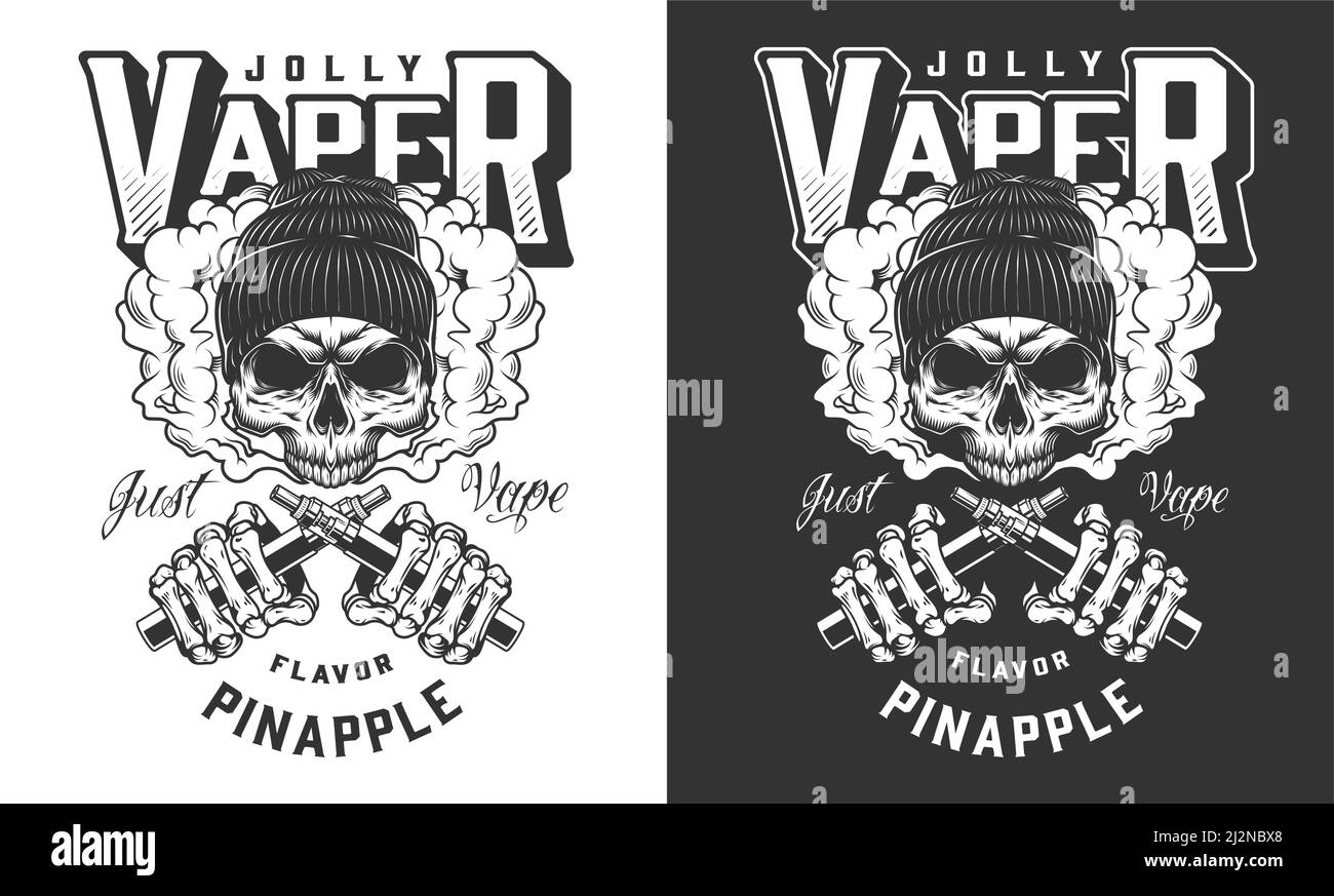 Vaper skull in beanie hat print with skeleton hands holding crossed vaporizers in vintage monochrome style isolated vector illustration Stock Vector
