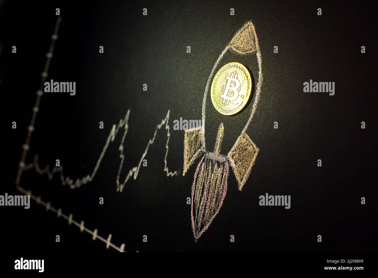 Bitcoin to the moon with rocket illustration. The growth of Cryptocurrency concept. Stock Photo
