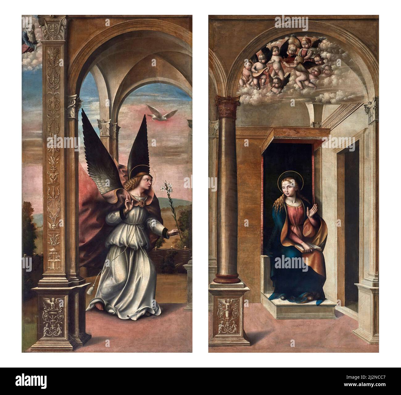 Announcing angel and  - oloil on canvas, ex pformer organ doors  - Gabriele Bonaccioli  - 1516  - Ferrara, Italy, church of  St .Mary in Vado Stock Photo