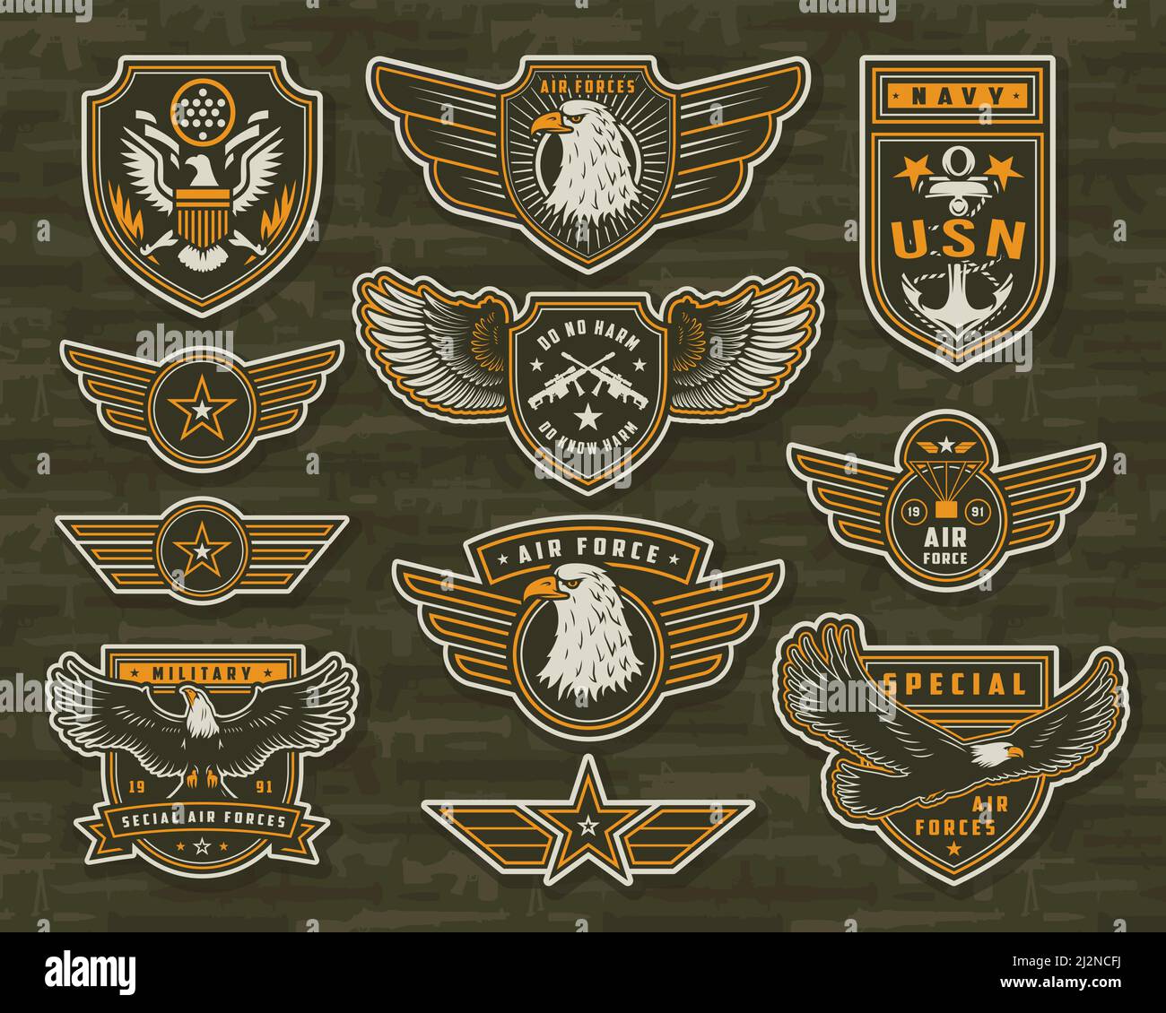 Vintage armed forces insignias and badges of different shapes with