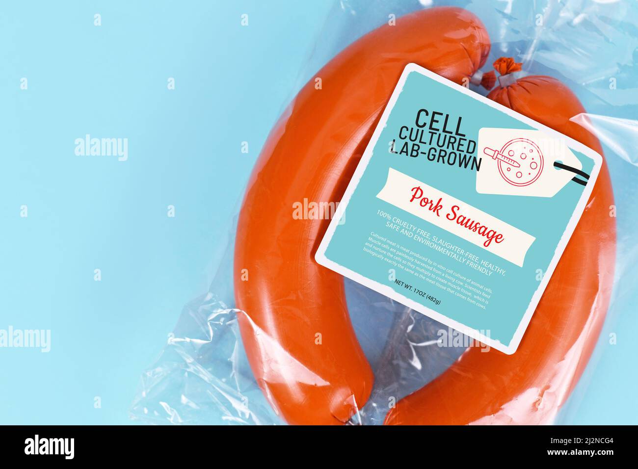Lab grown cell cultured meat concept for artificial meat shwoing packed pork sausages with made up label Stock Photo
