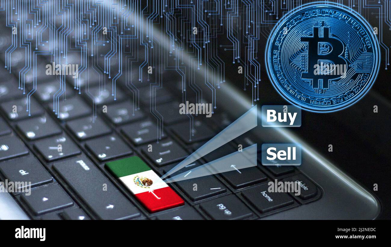 Keyboard with Mexico flag on enter button with bitcoin coin hologram and  online buy and sell concept Stock Photo - Alamy