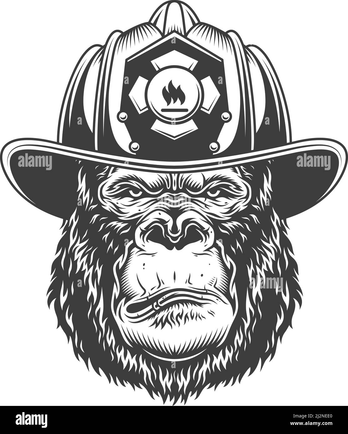 Serious gorilla in monochrome style in firefighter helmet. Vector illustration Stock Vector