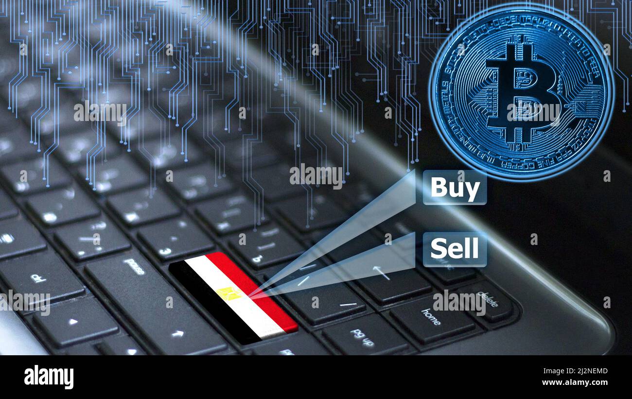 Keyboard with Egypt flag on enter button with bitcoin coin hologram and