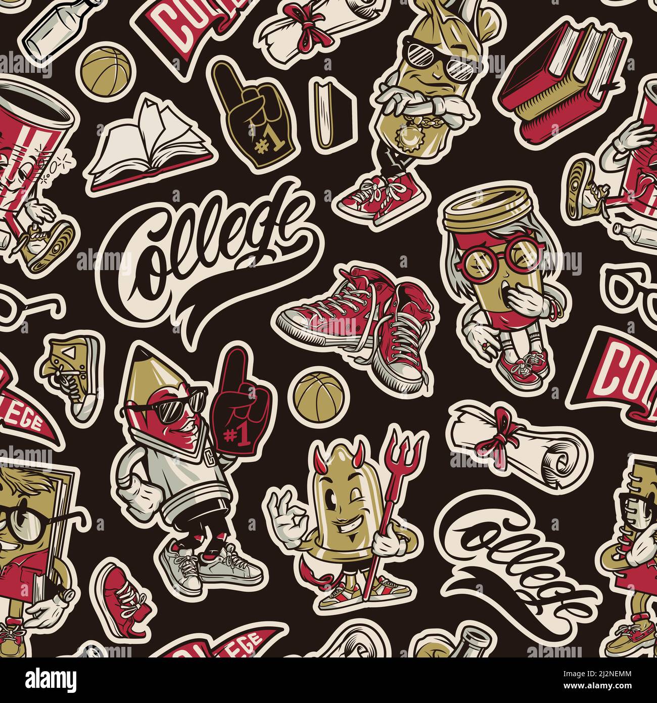 University Pattern Theme Vintage college seamless pattern with funny cute university characters ...