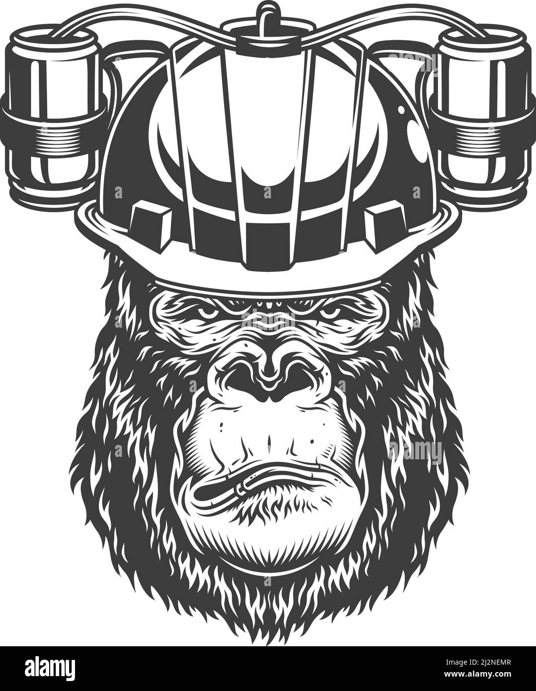 Serious gorilla in monochrome style in bear helmet. Vector illustration Stock Vector