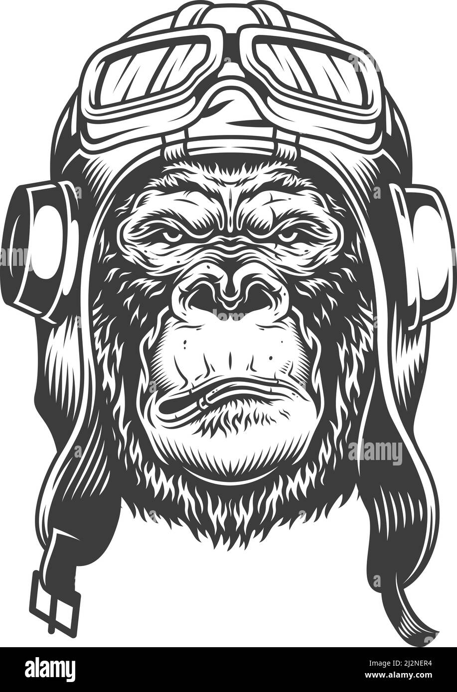 Serious gorilla in monochrome style in the pilot helmet. Vector illustration Stock Vector