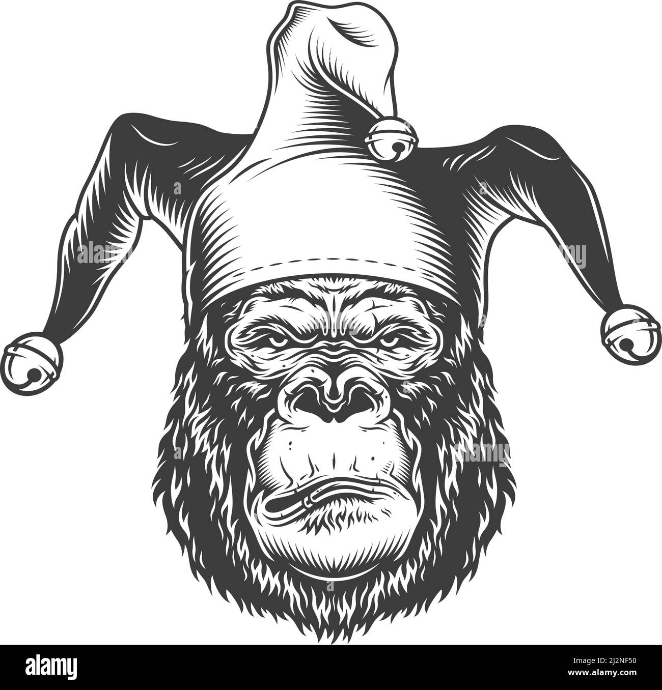 Serious gorilla in monochrome style in jester hat. Vector illustration Stock Vector