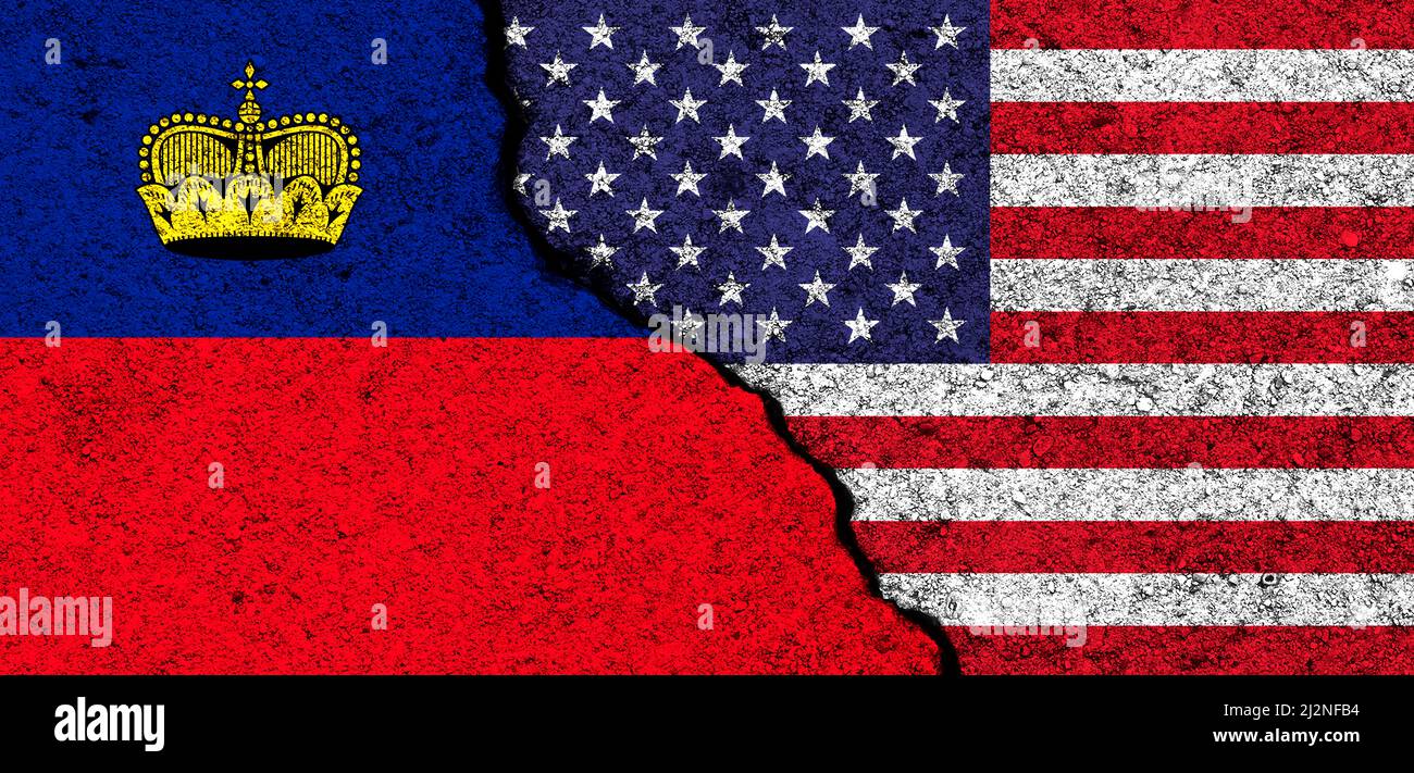 USA and Liechtenstein. Flags painted on cracked concrete wall. United