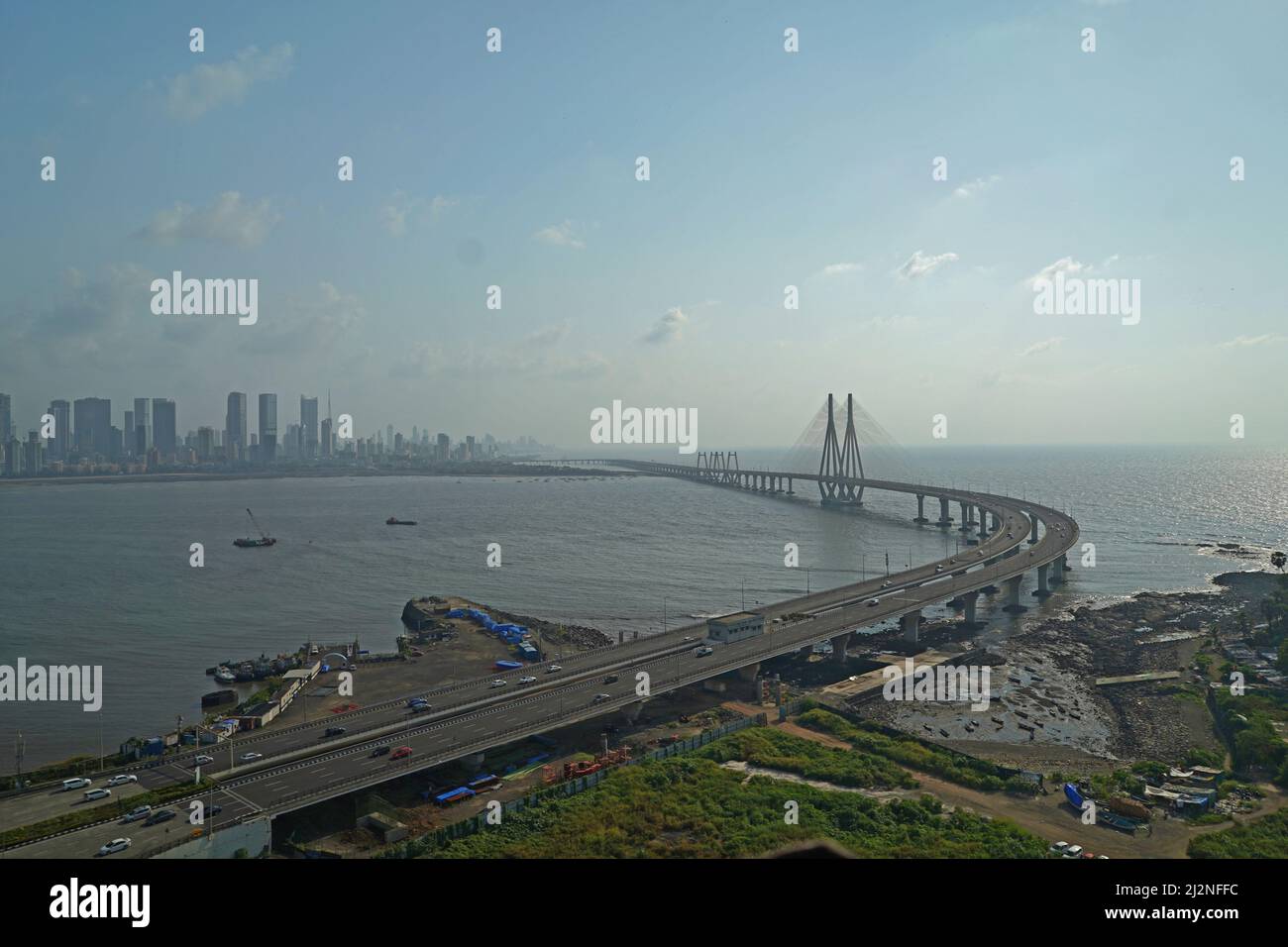 Bandra Worli Sea Link Arial Timelpase Video With Mumbai Skyline and Moving Sky India Stock Photo