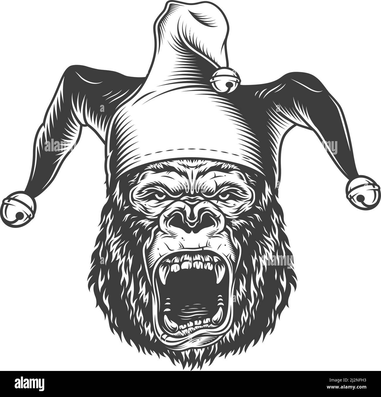 Angry gorilla in monochrome style in jester hat. Vector illustration Stock Vector