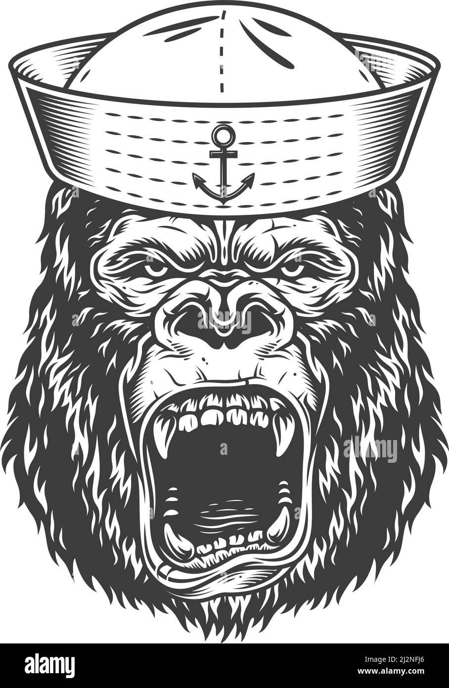 Angry gorilla in monochrome style in sailor hat. Vector vintage ...