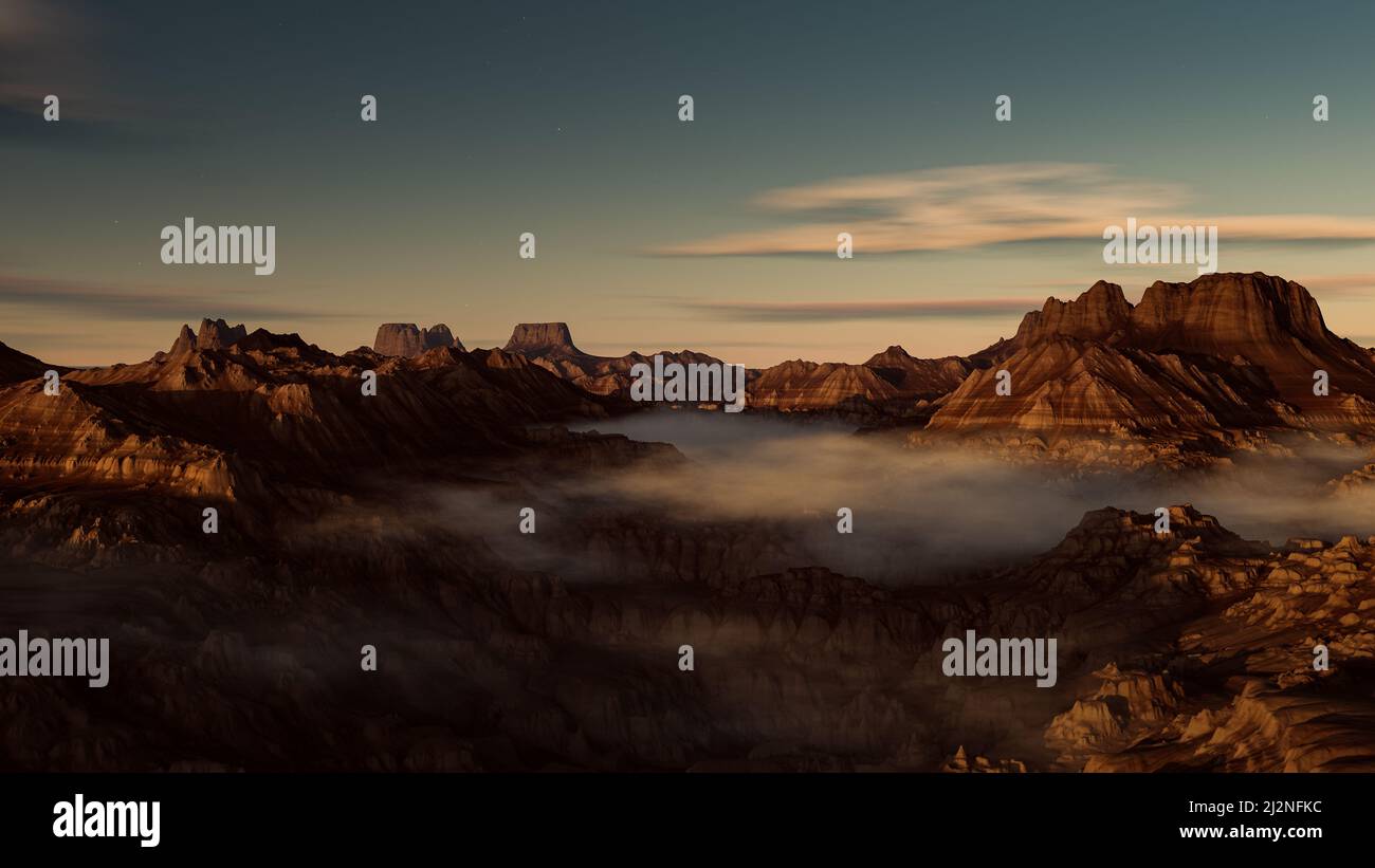 Rock Formations Landscape at sunset or sunrise with fog in the valley. 3D-Illustration Stock Photo
