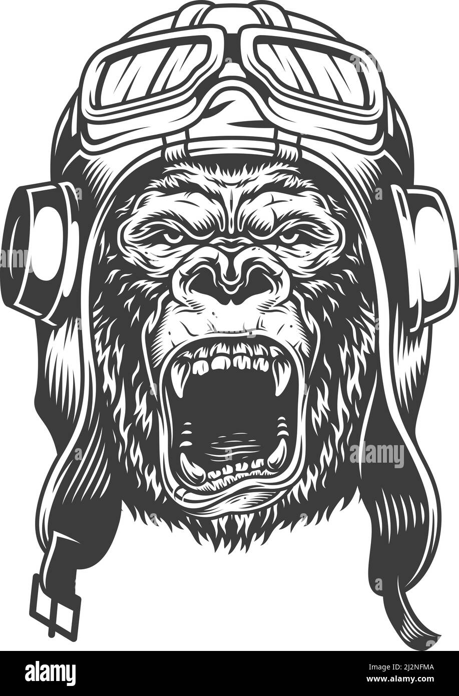 Angry gorilla in monochrome style in tank helmet. Vector vintage illustration Stock Vector