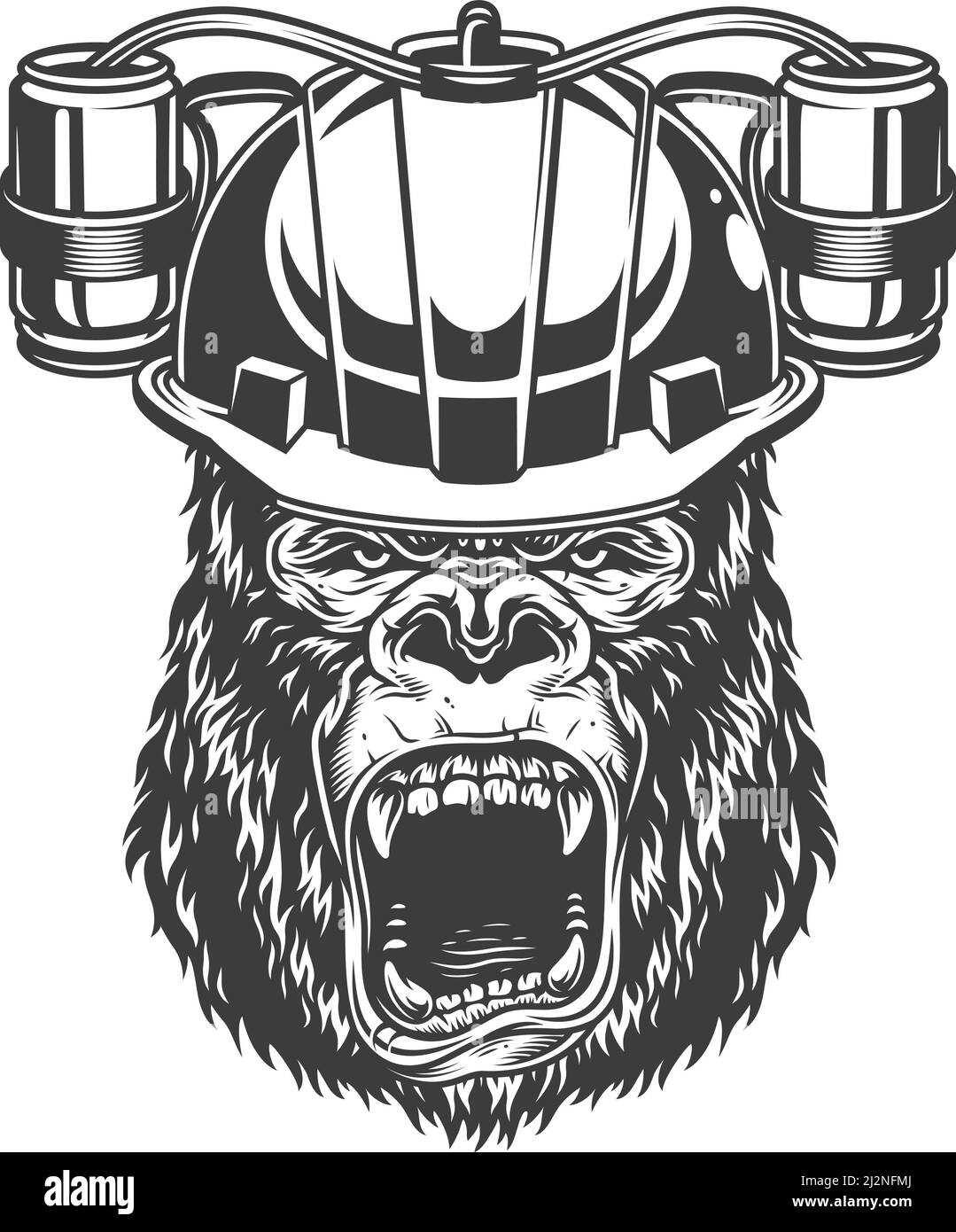 Angry gorilla in monochrome style in beer helmet. Vector vintage illustration Stock Vector