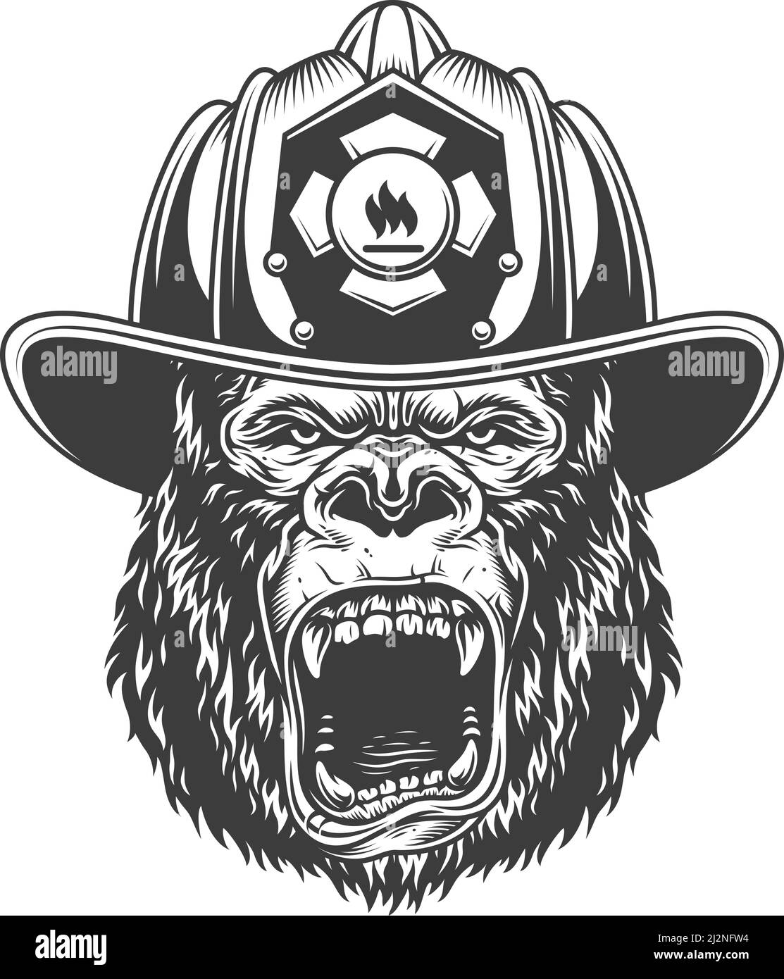 Angry gorilla in monochrome style in the firefighter helmet. Vector vintage illustration Stock Vector